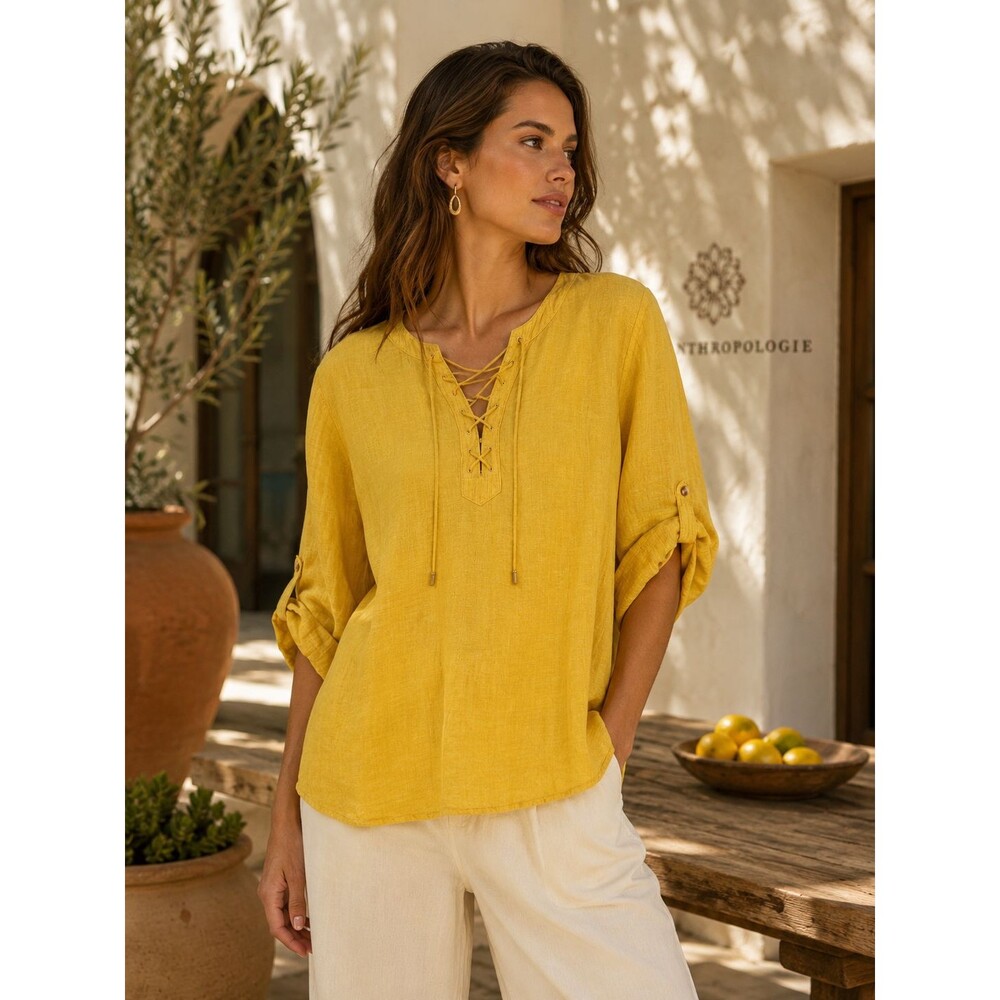 ANTHROPOLOGIE MAEVE Women Tunic Top Yellow 10 Lace Up Roll Tab Sleeve 100% LINEN